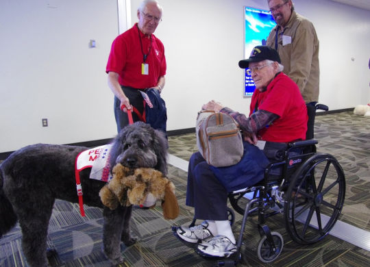 Nellie Belle shows her new friends her favorite stuffed toy at the airport.